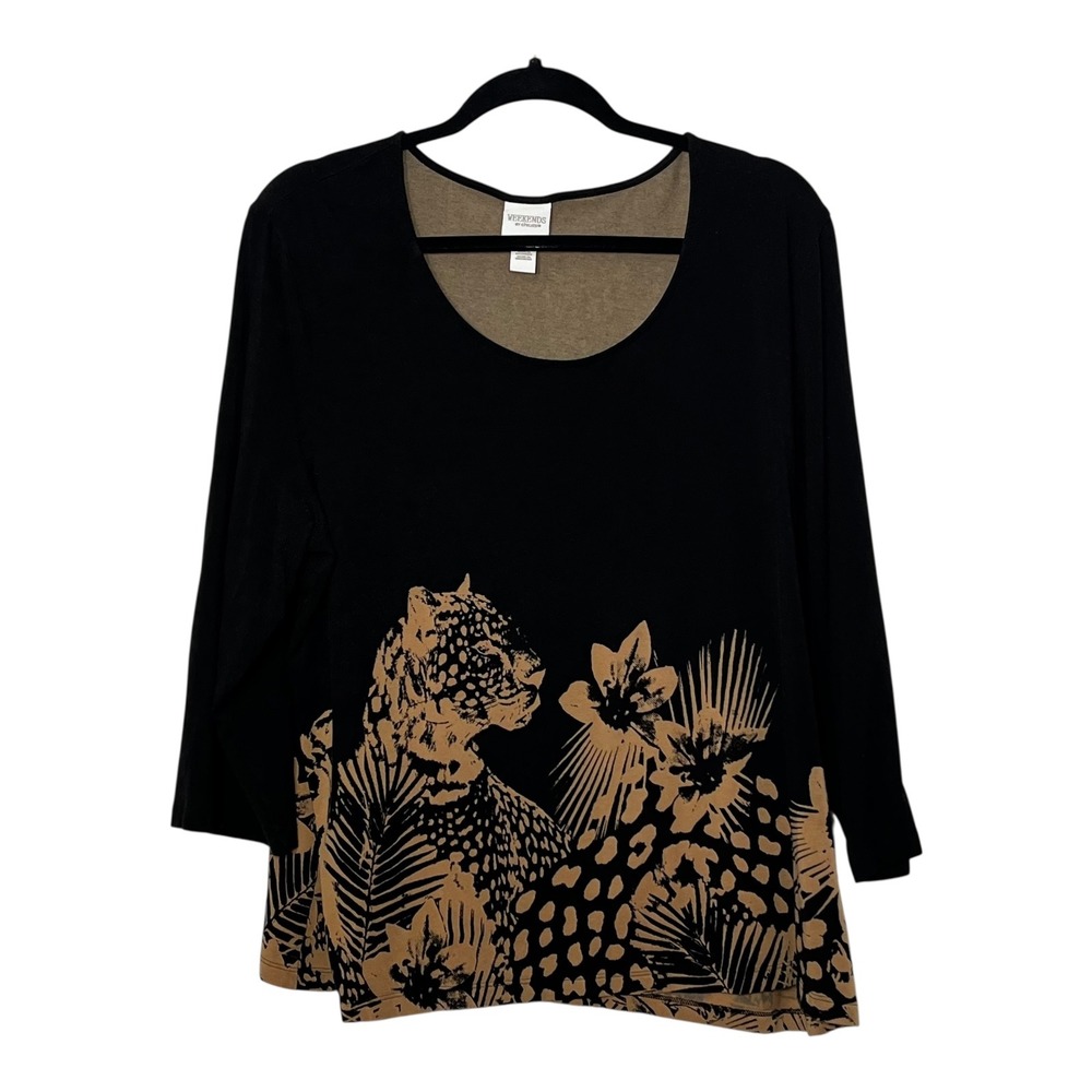 Weekends by Chico's Black Tan Leopard Floral Graphic Scoop Neck Top Size 3 XL - Picture 9 of 9